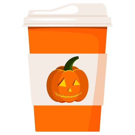 Vector flat design cartoon style paper coffee or tea cup decorated cartoon orange jack lantern pumpkin with light inside isolated on white background. Design element for card, banner, web.のイラスト素材