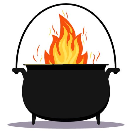 Black iron empty cooking pot with fire flat design cartoon vector illustration. Camping boiler, witches cauldron with handle and legs icon isolated on white background. Symbol of Halloween holiday.のイラスト素材
