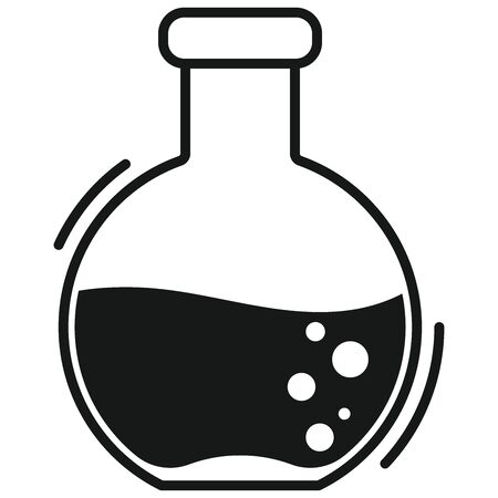 Black simple glass flask silhouette with chemical liquid and bubbles flat design icon isolated on white background. Vector illustration of laboratory research and tests concept.のイラスト素材