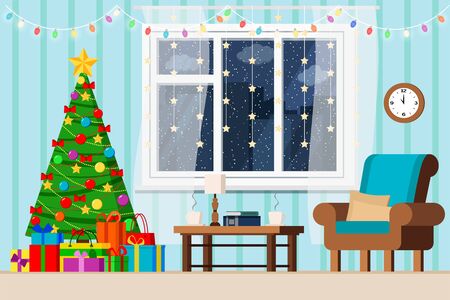 Cozy christmas home interior decorated living room with christmas tree, gifts, colorful garland, armchair, coffe table, window with winter snowy cityscape in flat cartoon style. Vector illustration.のイラスト素材