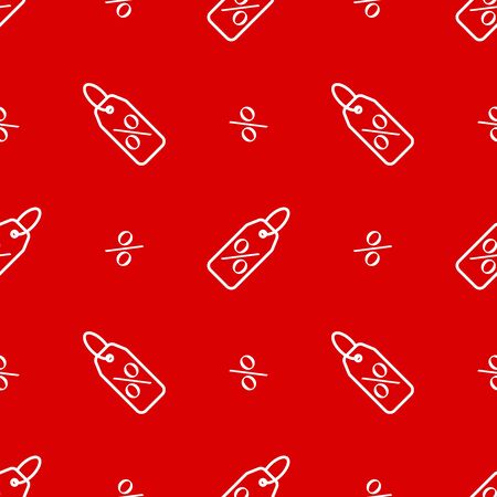 Line art vector seamless pattern with white discount percent tag icon and percent icon on the red background. Endless texture for web, covers, decoration. Business sale concept vector illustration.のイラスト素材