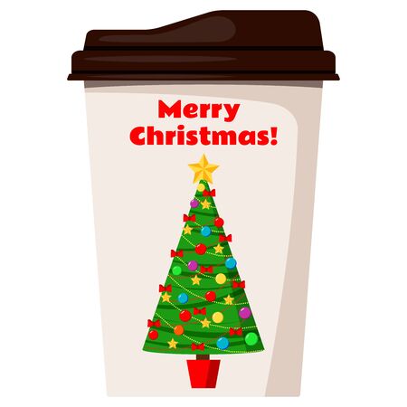 Coffee or tea cup decorated with christmas tree isolated on white background. Design element for x-mas card, banner, web. Flat style vector illustration take away beverage pack sign.のイラスト素材