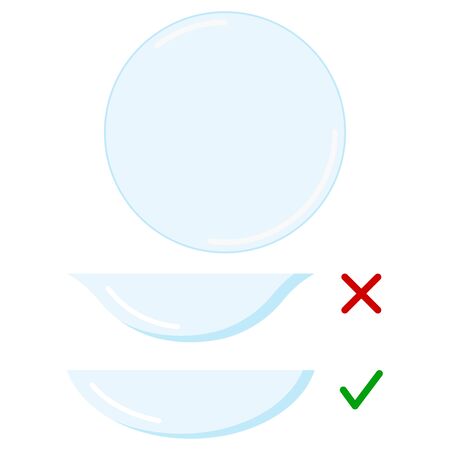 Contact lenses set - front, correct and wrong position isolated on white background, Flat design cartoon style vector illustration of medical devices for correct vision.のイラスト素材