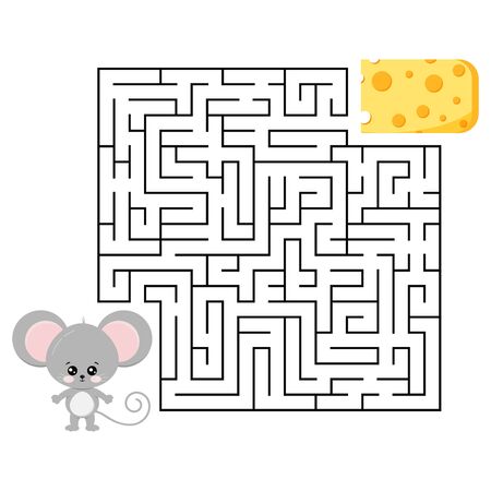 Mouse and cheese maze game for kids education isolated on white. Help cute grey rat to find right road to delicious piece of cheese in labyrinth. Vector illustration in cartoon style. Flat design.のイラスト素材