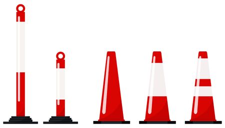 Red color plastic road traffic cone set isolated on white background. Different size and shapes warning symbol with reflective stripes stickers. Vector flat design safety delineator icon illustration.のイラスト素材