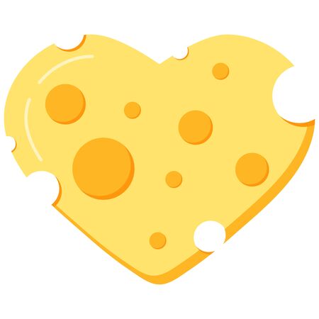 Heart shape cheese vector icon isolated on white background. Love cheese concept. Slice of yellow delicious cheese shaped as heart. Valentines day sign. Flat design cartoon style vector illustration.のイラスト素材