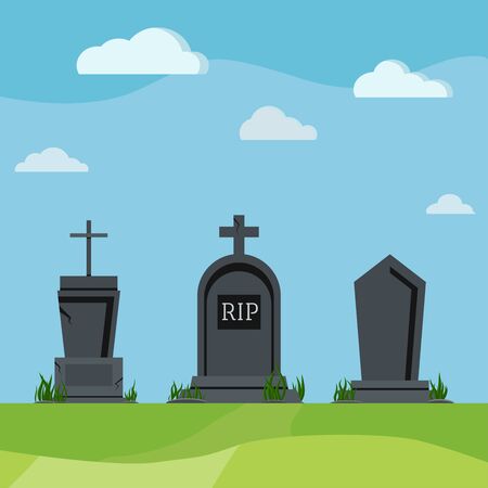 Grey RIP grave tombstones on summer nature scenic background. Different old tomb gravestone with crack cemetery day scene. Vector flat design cartoon style scenery illustration.のイラスト素材