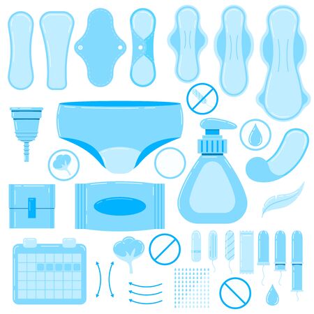Women sanitary napkin, hygienic tampon, reusable pad, menstrual cup, underpants icon vector set. Flat design cartoon illustration feminine intimate hygiene products with cotton, drop, feather sign.のイラスト素材