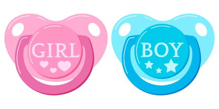 Pacifier baby dummy vector icon set isolated on white background. Signs of newborn pacifiers baby dummies - pink with hearts for girl, blue with stars for boy . Flat design cartoon style illustrationのイラスト素材