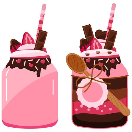 Desert in a jar set isolated on white background. Flat design strawberry chocolate milkshake and layered cake sprinkling vector illustration. Sweet delicious trifle cake, pie in jar with wooden spoon.のイラスト素材