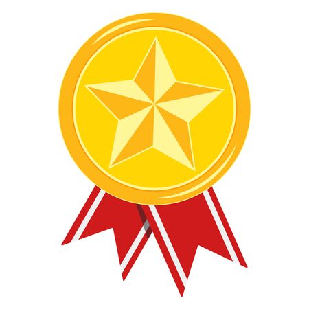 Golden medal with red ribbon isolated on white background. Gold certificate emblem with star. Icon first place. Vector flat design cartoon style illustration.のイラスト素材