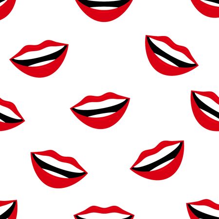 Red smile lips seamless pattern on white background. Woman lips with red lipstick. Smiling mouth with white teeth. Flat design cartoon style vector illustration. Endless texture. Print for web design.のイラスト素材