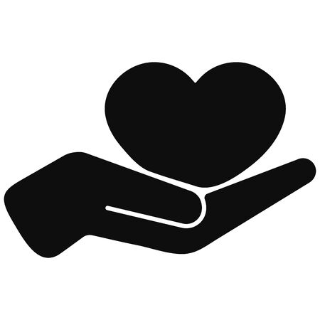 Heart in hand black vector icon isolated on white background. Organ donation, save lige and people support concept. Flat simple design illustration for apps, logo and website. Hand holding heart.のイラスト素材