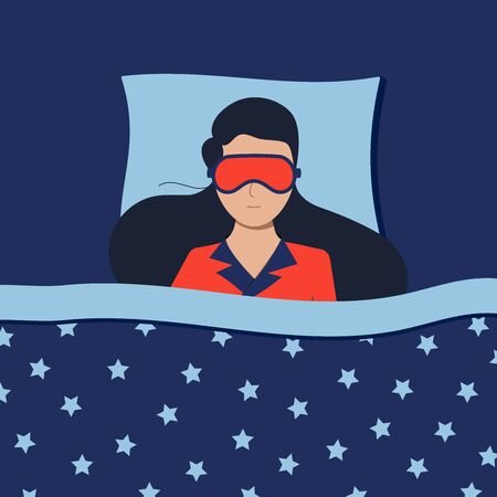 Woman with sleepeing mask sleeping at night in bed at home or in hotel. Good night, rest and relax top view concept. Flat design cartoon style vector illustration. View from above.のイラスト素材
