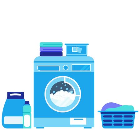 Washing machine during washing, powder, liquid, capsule powder, basket of dirty linen, stack of clean linen, conditioner, bleach isolated on white background. Flat design vector laundry illutration.のイラスト素材