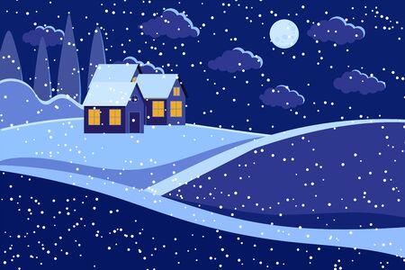 Night winter landscape scene with moon and houses. Snowy winter night background. Rural meadow and farm houses on hill with light from the windows. Flat design cartoon style vector illustration.のイラスト素材