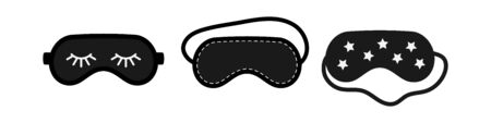 Black eye sleep mask set isolated on white background. Sleeping blind mask for resting decorated with closed eyes with eyelashes, decorative stitching and stars. Flat design vector illustration.のイラスト素材