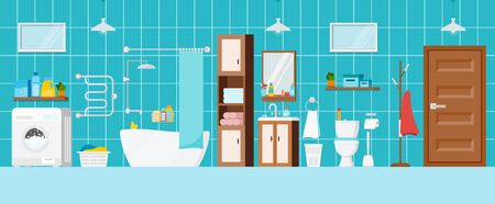 Modern bathroom with toilet and washing machine interior scene. House room with bathroom furniture, mirror, towels, heated towel rail, child duck, sanitary. Flat design cartoon vector illustration.のイラスト素材