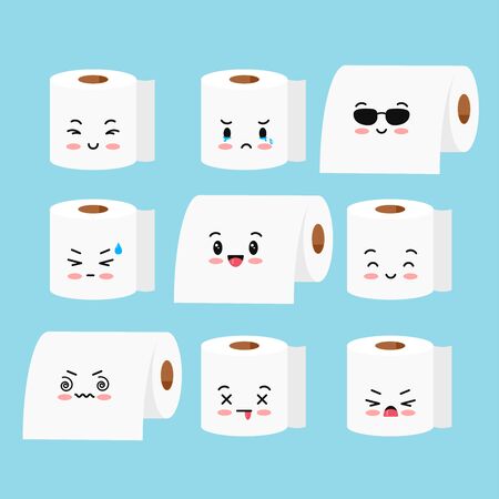 Cute toilet paper roll vector emoji set isolated on white background. Sweet happy and sad emoticon character rolls of toilet paper. Flat design cartoon kawaii style illustration.のイラスト素材
