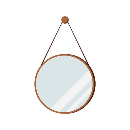 Round hanging mirror isolated on white background. Country style circle mirror with wooden frame bathroom interior design element. Flat design catroon style vector illustration.のイラスト素材