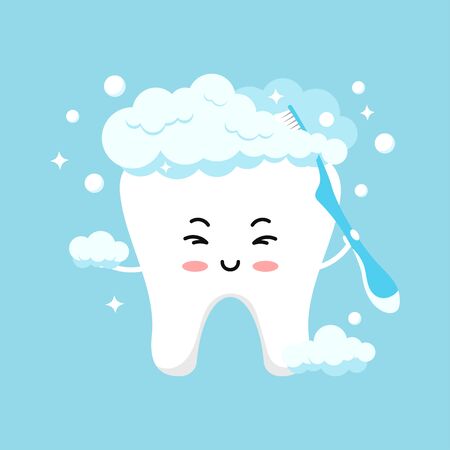 Cute tooth emoji in foam brushing himself with toothbrush. Flat design cartoon kawaii style happy smiling dental character vector illustration. Children teeth hygiene concept.のイラスト素材