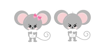 Cute mouse hold tooth in paws set isolated on white bckground. Funny little mice boy and girl took baby tooth concept. Flat design animal adorable wildlife cartoon character vector illustration.のイラスト素材