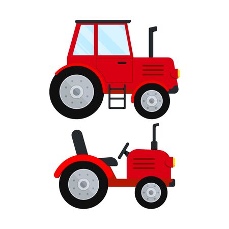 Red farm tractor icon set isolatet on white background. Red small and big wheel farmer tractor. Flat design cartoon style agricultural car machine for field work vector illustration.のイラスト素材