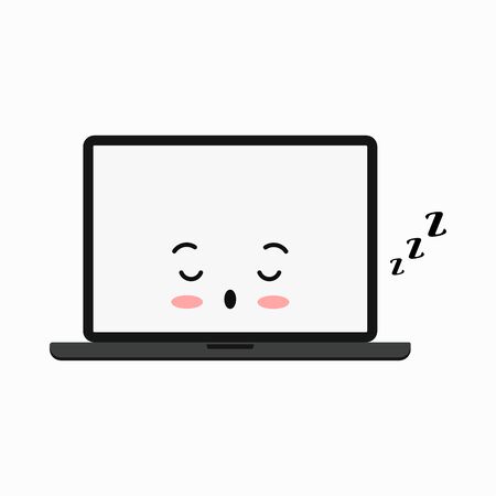 Sleeping off laptop cute emoji vector icon isolated on white background. Asleep black computer. Funny modern device with sleep kawaii style face. Digital emoticon illustration for web, apps design.のイラスト素材