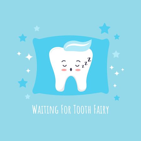 Cute baby tooth emoji sleeping on pillow and stars around. Sweet kawaii boy character with closed eyes sleep waiting for tooth fairy concept. Flat design cartoon style vector illustration.のイラスト素材