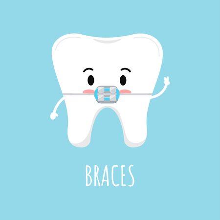 Cute tooth with dental braces emoji character. Dental braces on white tooth treatment concept. Vector flat design kawaii style kid tooth mascot illustration.のイラスト素材