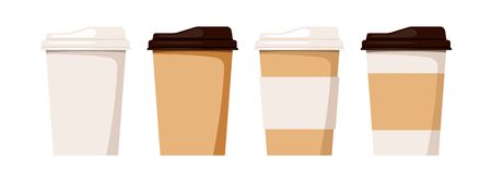 Coffee to go cup set isolated on white background. Disposable plastic and paper tableware for takeout hot drink - tea or coffee. Flat design cartoon cafe to go clipart element vector illustration.のイラスト素材