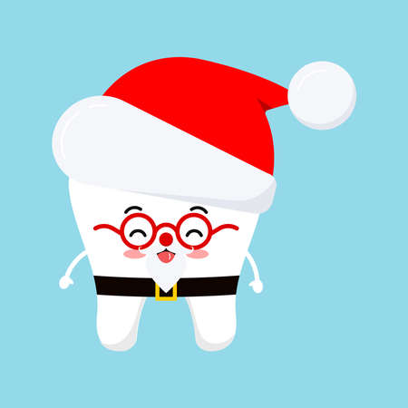 Chistmas cute tooth in Santa Claus costume - red hat icon in cartoon flat style isolated on white background. Happy New Year costume graphic design element single image vector illustration.のイラスト素材