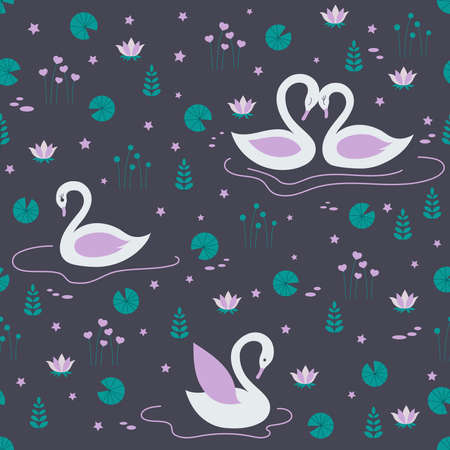 Swan pair on night lake with stars, water lilies, plants seamless pattern. Romantic white swan love on pond seamless print. Animal bird endless texture flat design cartoon style vector illustration.のイラスト素材