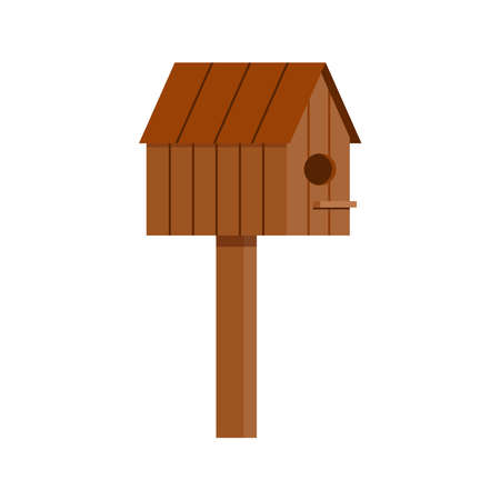 Wooden birdhouse isolated on white background. Nesting box with hole icon - spring time symbol. Flat design cartoon style starling house vector illustration.のイラスト素材