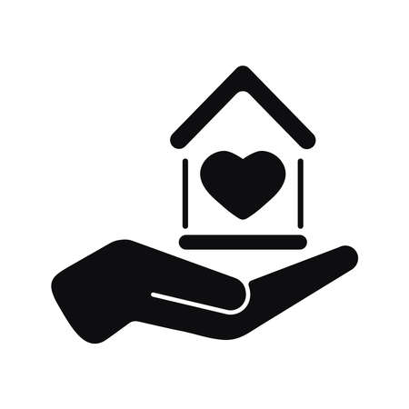 House with heart in hand black color vector icon isolated on white background. Home care and homeless support concept. Flat simple design illustration for apps, logo and website. Hand holding house.のイラスト素材