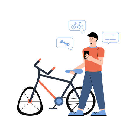 Broken bike and a young man nearby calls with smartphone a mobile bicycle repair service isolated on white background. Broken wheel needs repair. Flat design vector bike repair concept illustration.のイラスト素材