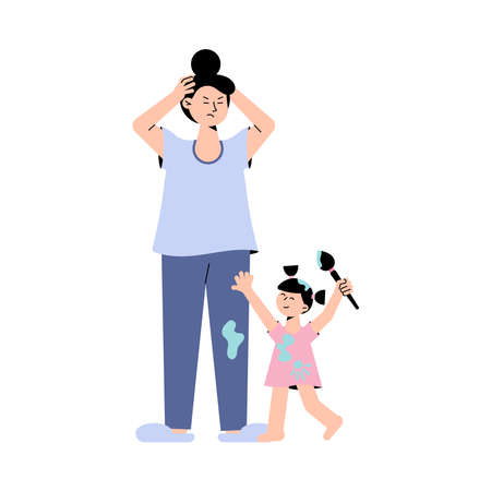 Frustrated mother and little daughter with brush is stained with paint isolated on white background. Problems of parenting concept - stressed mother on maternity leave. Flat design vector illustrationのイラスト素材