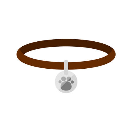 Dog or cat collar with tag icon isolated on white background. Leather pet nacklace with animal paw sign on metal tag. Flat design cartoon style vectot illustration.のイラスト素材