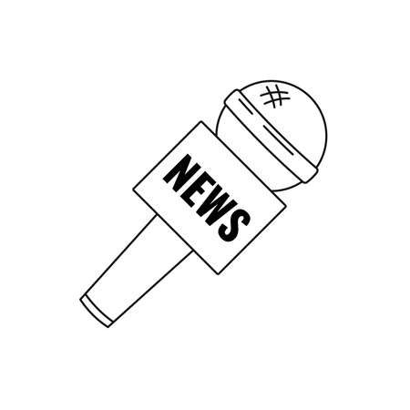 News microphone black line art icon isolated on white background. Microphone with news text - interview symbol image. Flat design black news reporter mic outline style vector illustration.のイラスト素材