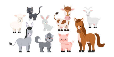 Farm livestock animals set isolated on white background. Cute and funny cartoon character - sheep,...