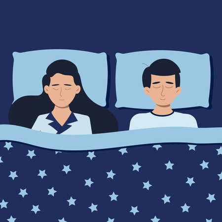 Man and woman sleeping at night in pajamas in bed at home. Good night family couple top view concept. Deep healthy sleep image with blanket and pillow. Flat design cartoon style illustration.のイラスト素材