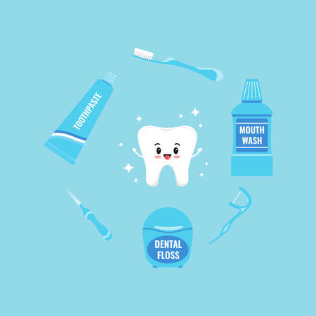 Cute white tooth with oral hygiene products around icons set isolated on background. Tooth sign, mouth wash, dental floss, toothbrush, interdental brush, flosser. Vector flat dentistry illustration.のイラスト素材