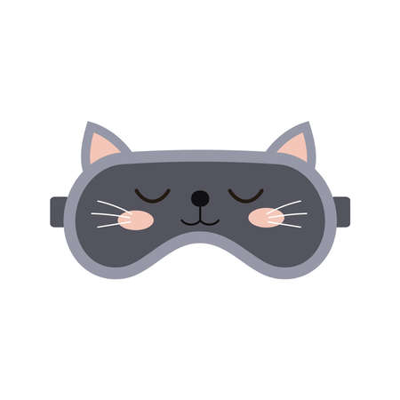 Cute cat sleep beauty mask icon isolated on white background. Eye protection wear accessory - cute animal kitty with ears. Relaxation blindfold, eye cover flat design cartoon vector illustration.のイラスト素材