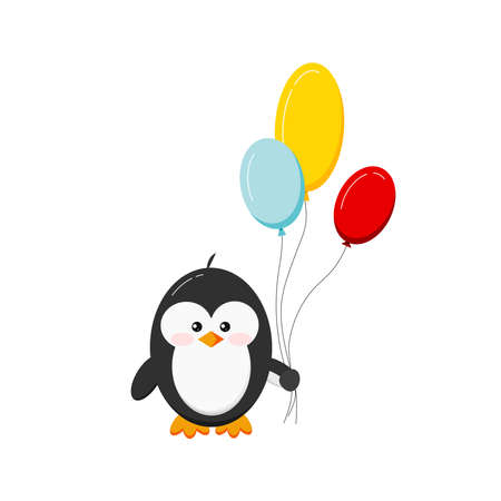 Cute penguin holding balloons isolated on white background. Black funny bird animal with three ballons in wing. Flat design cartoon style vector illustration.のイラスト素材