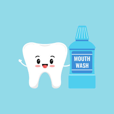 Cute tooth holding mouthwash bottle isolated on blue background. Flat design cartoon kawaii style smiling character vector illustration. Happy tooth with care product. Children teeth hygiene concept.のイラスト素材