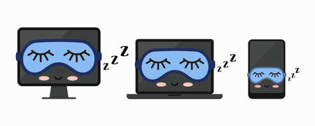 Sleeping off computer desktop, laptop, tablet pc or smartphone icon set isolated on white background. Asleep modern cute electronic devices with sleeping mask. Flat design vector illustration.のイラスト素材