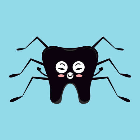 Cute tooth in black spider costume isolated vector icon. Happy white tooth in Halloween carnival costume - dental character for dentist halloween card. Flat design cartoon kawaii style illustration.のイラスト素材