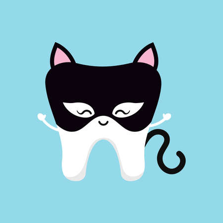 Cute tooth in black cat costume isolated vector icon. Happy white tooth in Halloween carnival kitten costume - dental character for dentist halloween card. Flat design cartoon style illustration.のイラスト素材