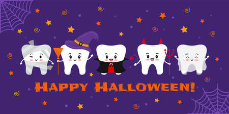 Teeth in carnival costume on dental Happy Halloween greeting card. Cute halloween character - witch tooth, mummy, vampire, devil, ghost. Flat design cartoon style vector dentist banner illustration.のイラスト素材