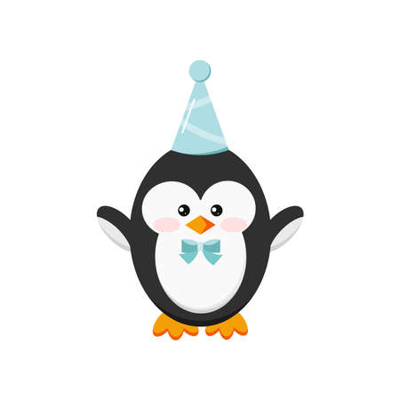 Cute penguin boy in happy birthday party cap isolated on whiteのイラスト素材